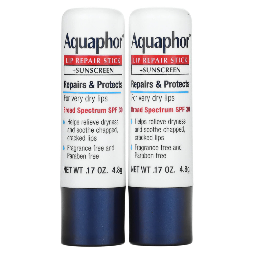Photos - Lipstick & Lip Gloss Aquaphor , Lip Repair Stick + Sunscreen, SPF 30, Fragrance Free, Dual Pack, 2 Sticks, 0.17 oz  Each (4.8 g)