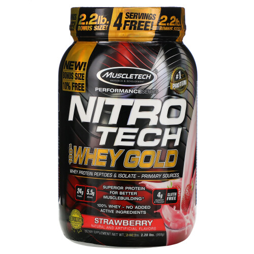 Muscletech Muscletech, Nitro Tech, 100% Whey Gold, Strawberry, 2.20 lbs (999 g)