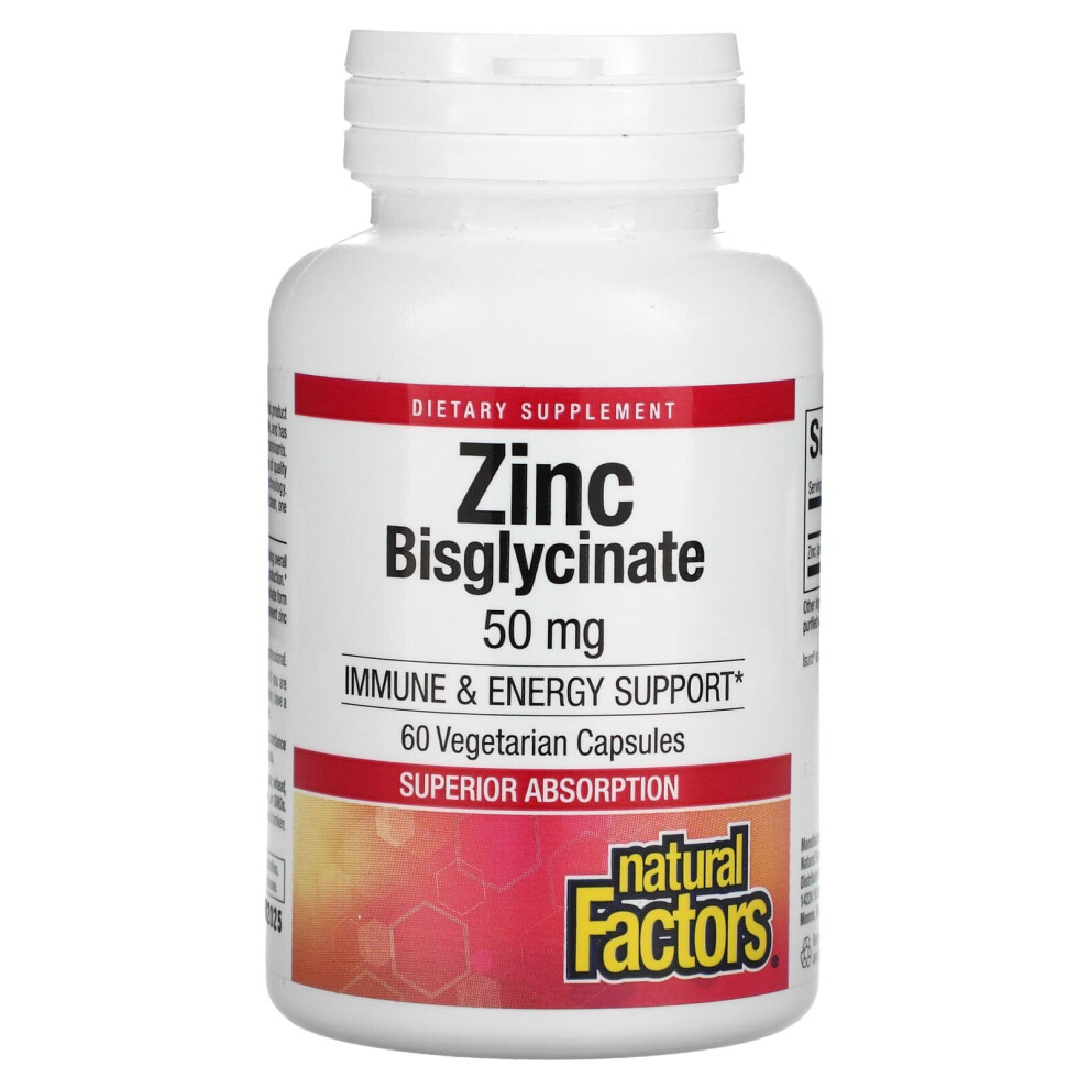 Natural Factors , Zinc Bisglycinate, 50 Mg, 60 Vegetarian Capsules