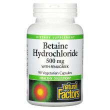 Natural Factors, Betainhydrochlorid mit Bockshornklee, 500 mg, 90 Vegetarische Kapseln