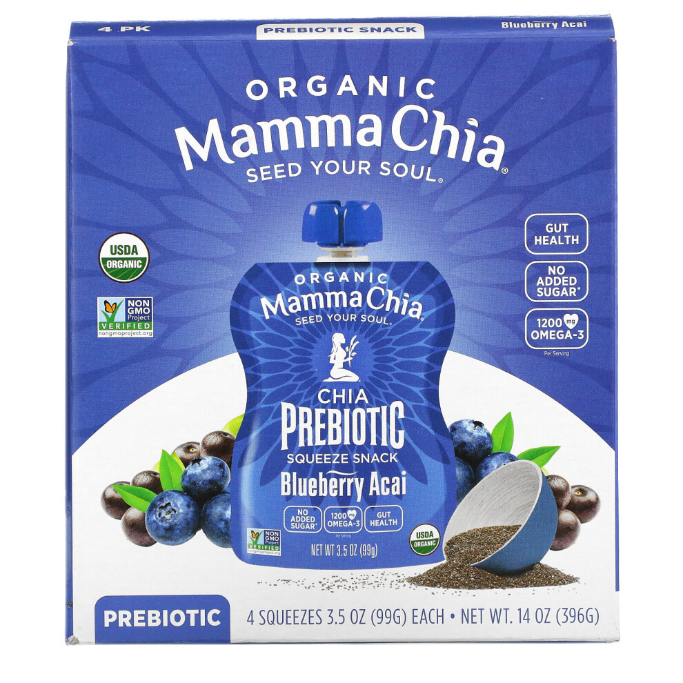 Mamma Chia, Organic Chia Prebiotic Squeeze, Blueberry Acai, 4 Squeezes, 3.5 oz (99 g) Each