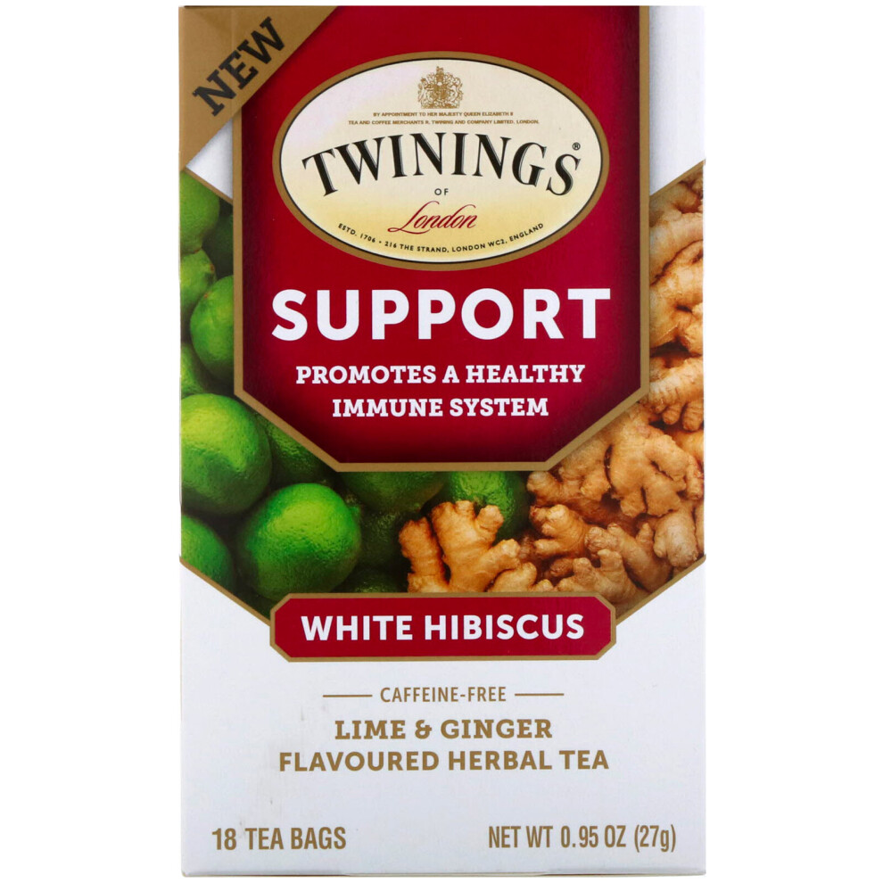 Twinings, Support Herbal Tea, White Hibiscus, Lime & Ginger, Caffeine Free, 18 Tea Bags, 0.95 oz (27 g)