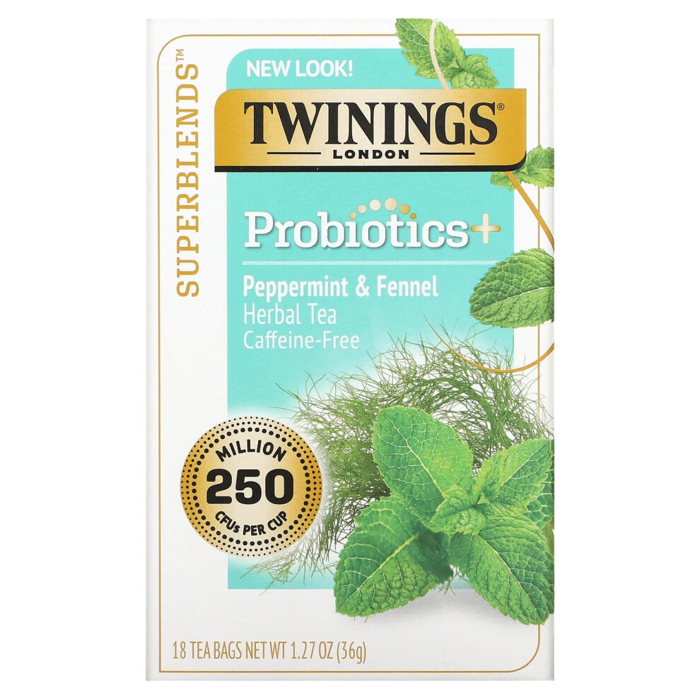 Twinings , Probiotics Plus, Herbal Tea, Peppermint & Fennel, Caffeine-Free, 18 Tea Bags, 1.27 Oz (36 G)
