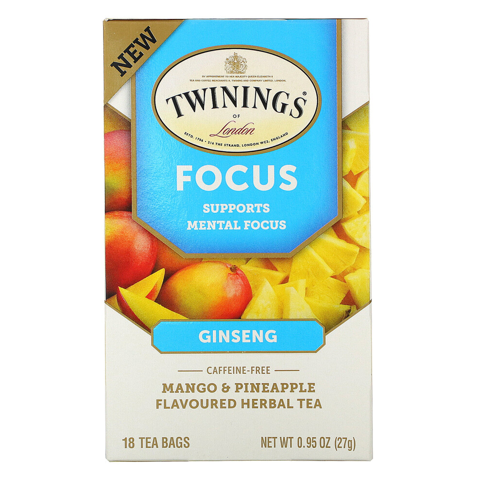 Twinings , Focus Herbal Tea, Ginseng, Mango & Pineapple, Caffeine Free, 18 Tea Bags, 0.95 Oz (27 G)