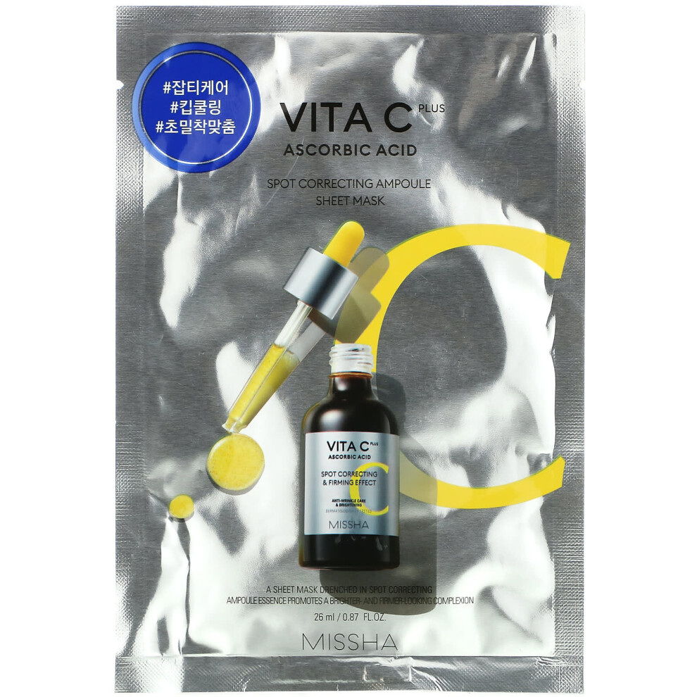 Missha , Vita C Plus Ascorbic Acid, Spot Correcting Ampoule Beauty Sheet Mask, 1 Sheet Mask, 0.87 Fl Oz (26 Ml)