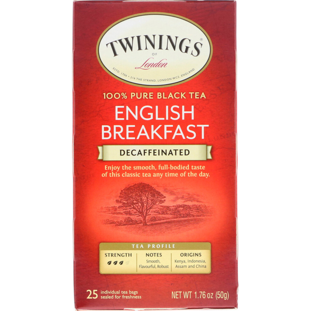 Twinings 100% Pure Tea, English Breakfast, Decaffeinated, 25 Tea Bags, 1.76 Oz (50 G) Black