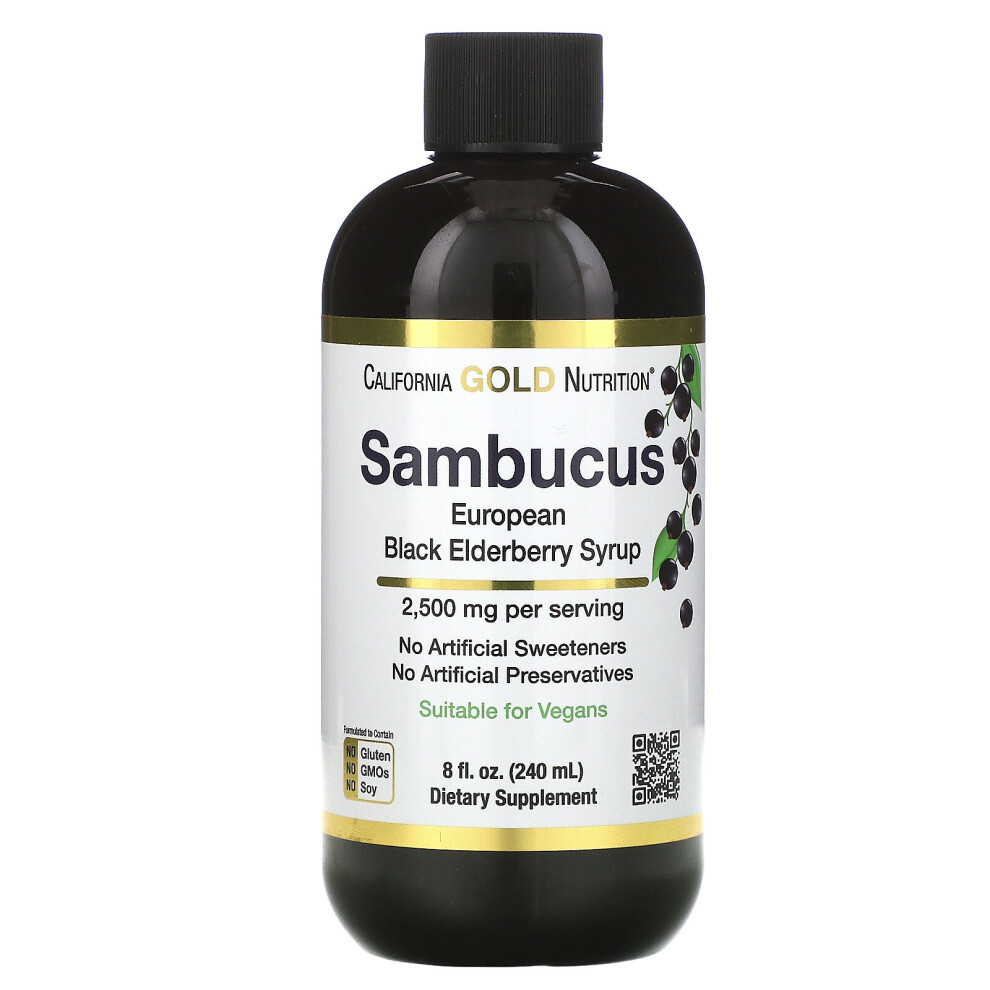 California Gold Nutrition Gold/Black California Nutrition, Sambucus European Elderberry Syrup, 2,500 Mg, 8 Fl Oz (240 Ml)