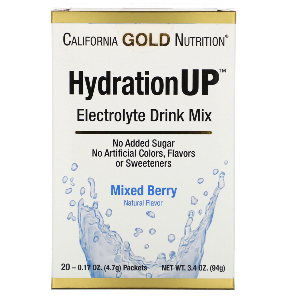 California Gold Nutrition Gold California Nutrition, Hydrationup, Electrolyte Drink Mix, Mixed Berry, 20 Packets, 0.17 Oz (4.7 G) Each