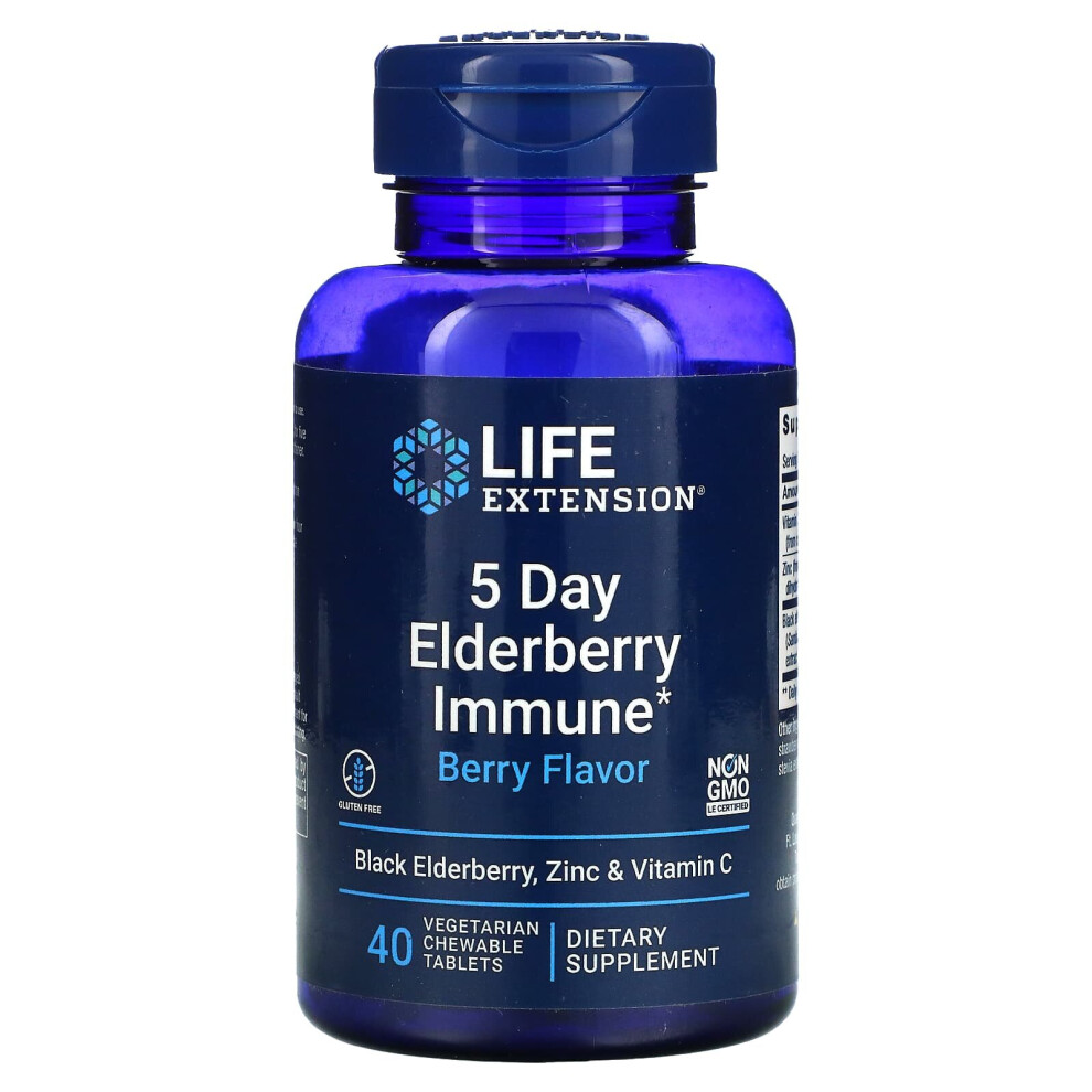 Life Extension Black 5 Day Elderberry Immune, Berry 40 Vegetarian Chewable Tablets