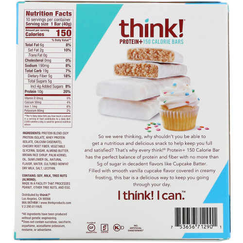 Think !, Protein+ 150 Calorie Bars, Cupcake Batter, 10 Bars, 1.41 oz (40 g) Each 2