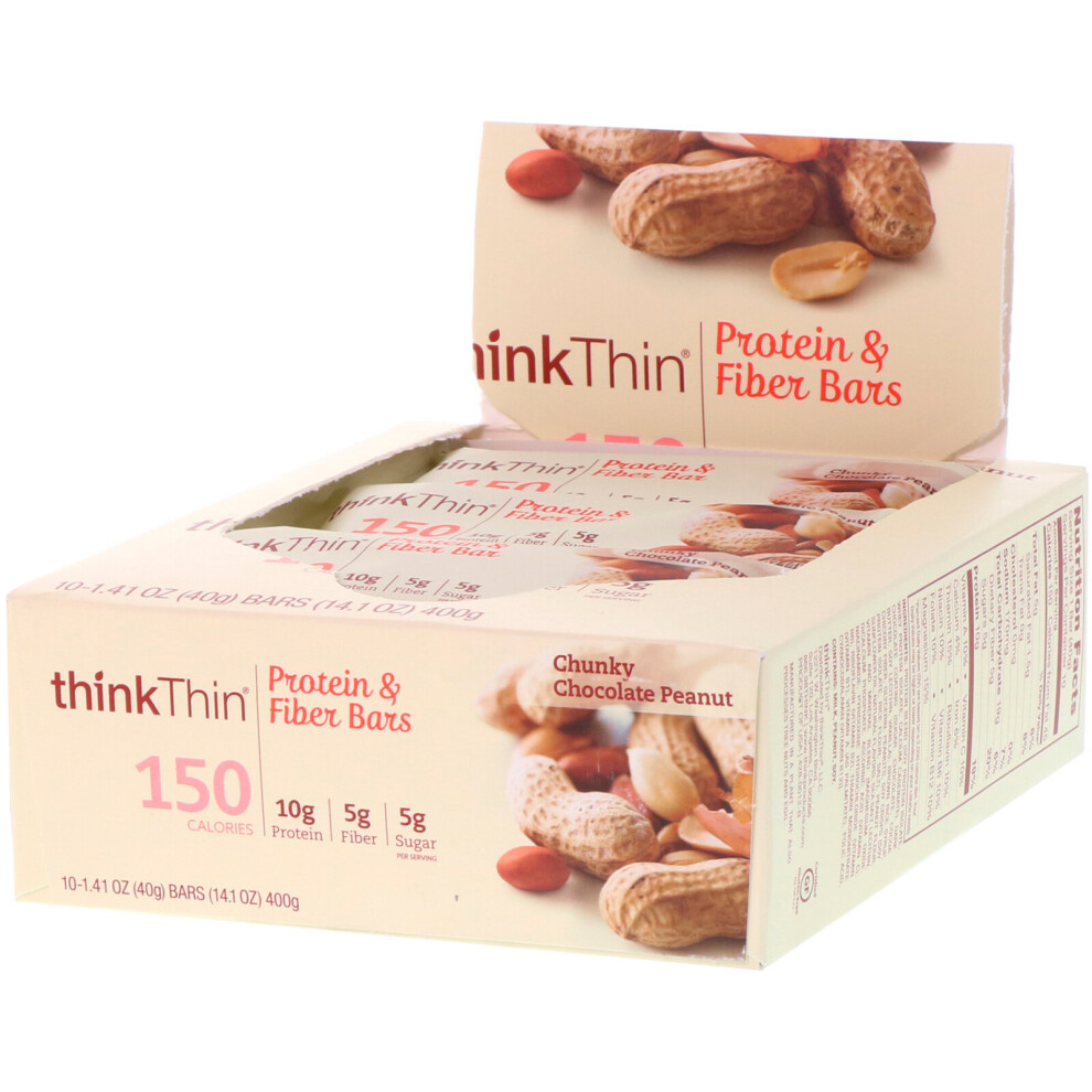 Think ! , Protein & Fiber Bars, Chunky Chocolate Peanut, 10 Bars, 1.41 Oz (40 G) Each