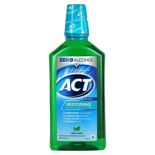 ACT ACT Restoring Zero Alcohol Fluoride Mouthwash 33.8 fl. oz. Ενισχύει το Σμάλτο, Γεύση Μέντας