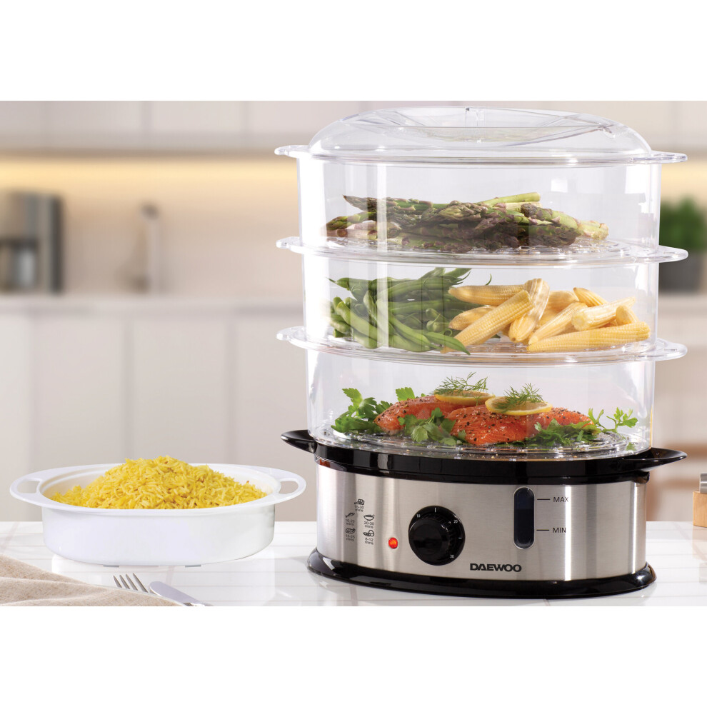 DAEWOO STAINLESS STEEL 3 TIER FOOD STEAMER ELECTRIC COOKER POT FOR VEGETABLE RICE FISH MEAT DUMPLING THREE LAYER KITCHEN STEAM COOKING