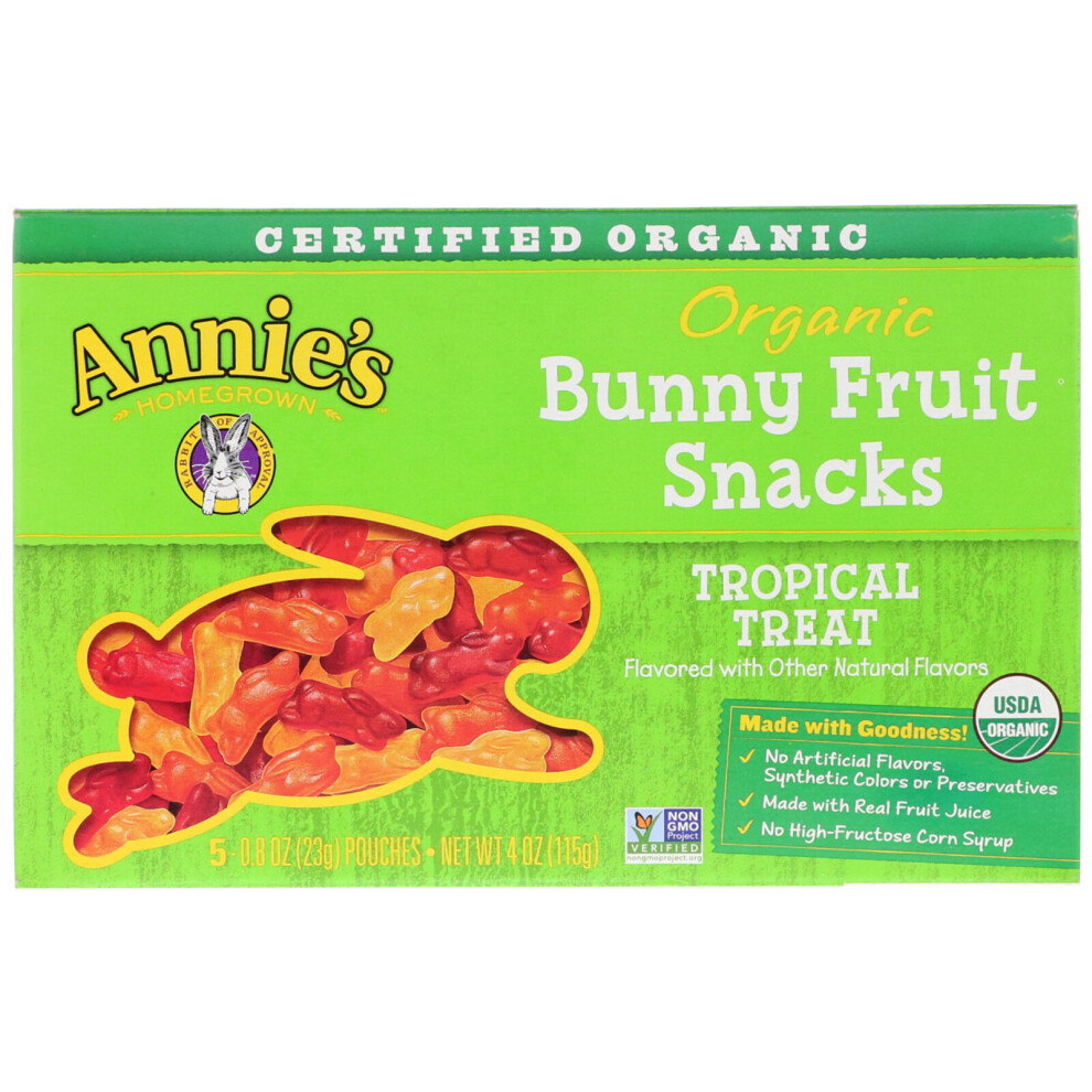 Annie's Homegrown , Organic Bunny Fruit Snacks, Tropical Treat, 5 Pouches, 0.8 Oz (23 G) Each