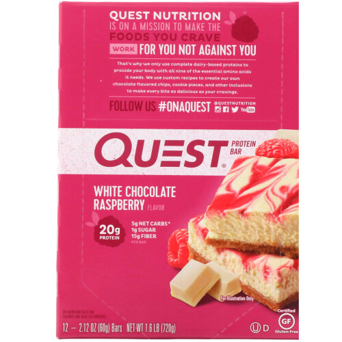Quest Nutrition, Protein Bar, White Chocolate Raspberry, 12 Bars, 2.12 oz (60 g) Each 1
