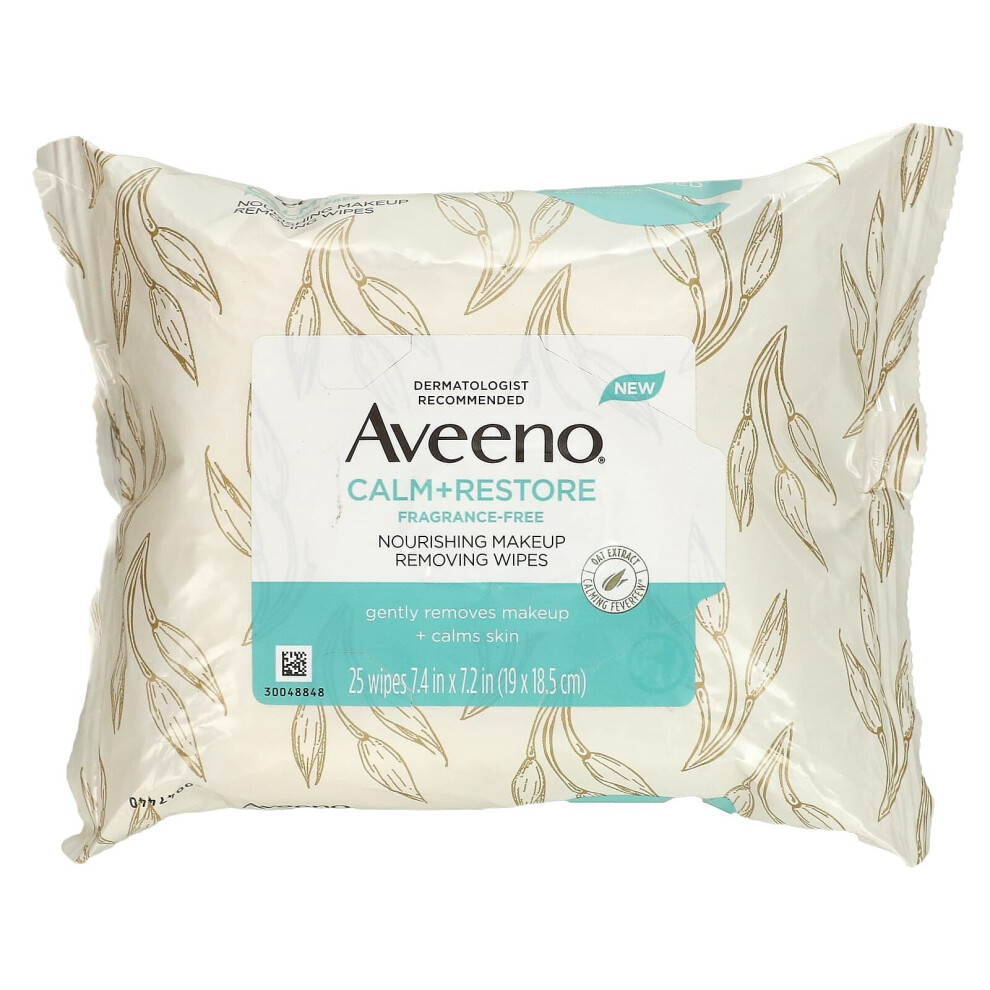 Aveeno, Calm + Restore, Nourishing Makeup Removing Wipes, Fragrance-Free, 25 Wipes