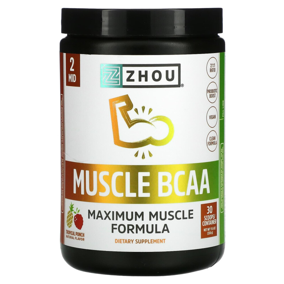 Zhou Nutrition , Muscle Bcaa, Maximum Muscle Formula, Tropical Punch, 11.6 Oz (330 G)