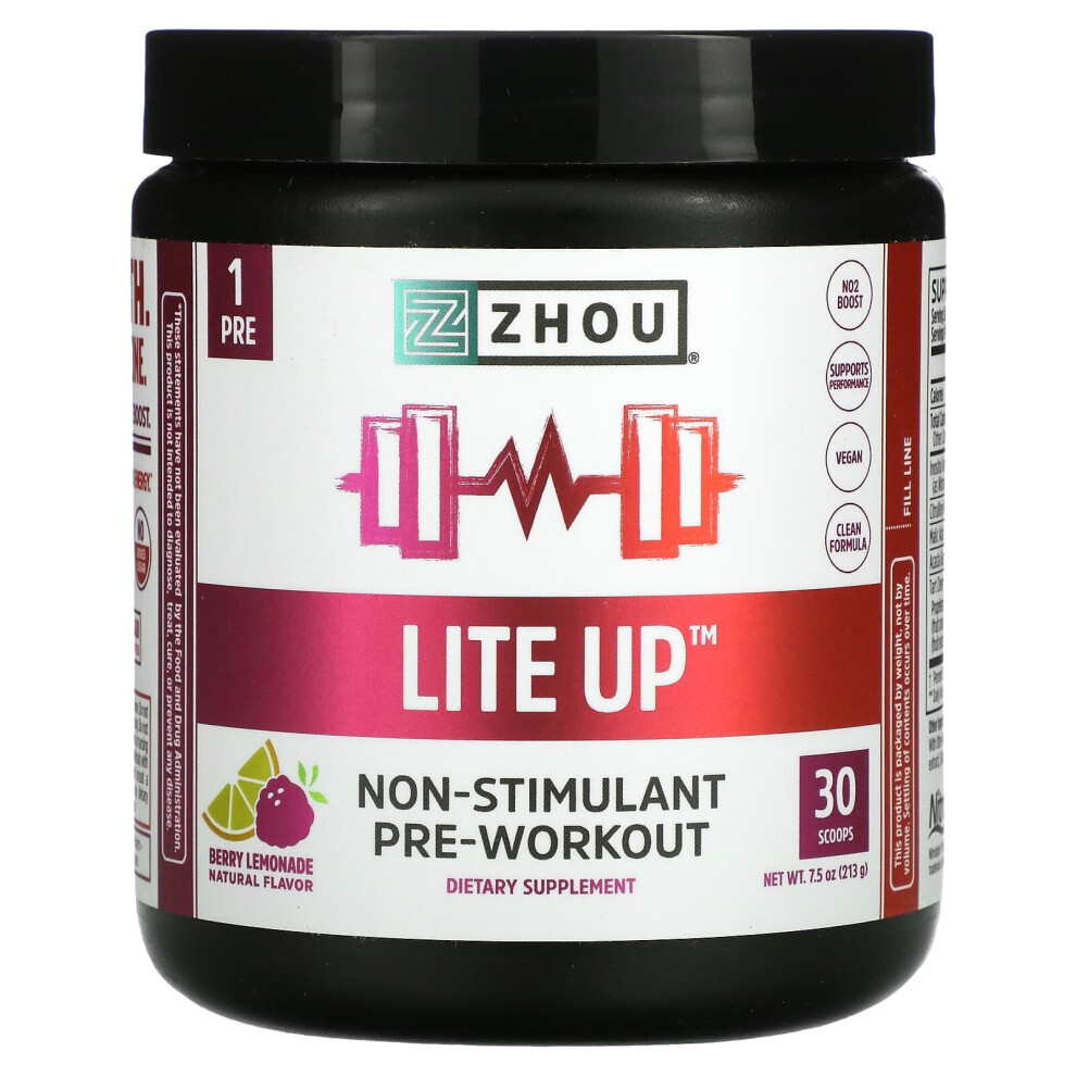 Zhou Nutrition , Lite Up, Non-Stimulant Pre-Workout, Berry Lemonade, 7.5 Oz (213 G)