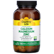 Country Life, Target-Mins, Calcium Magnésium Zinc avec Vitamine D, 180 Comprimés