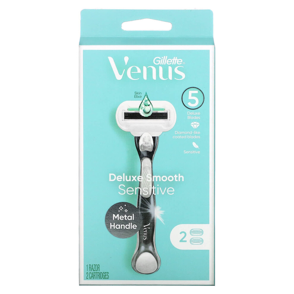 Gillette, Venus, Deluxe Smooth Sensitive Razor & Cartridges, 1 Razor 2 Cartridges