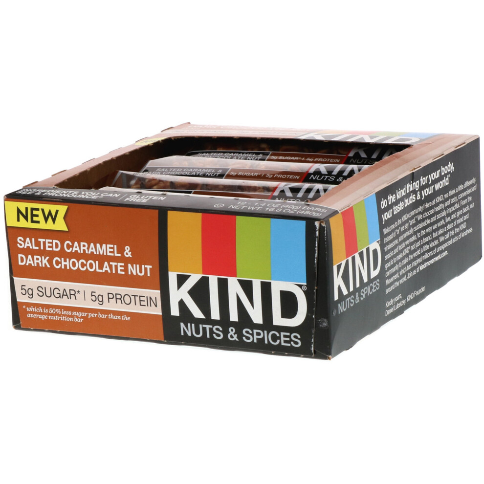 Kind Bars , Nuts & Spices, Salted Caramel & Dark Chocolate Nut, 12 Bars, 1.4 Oz (40 G) Each