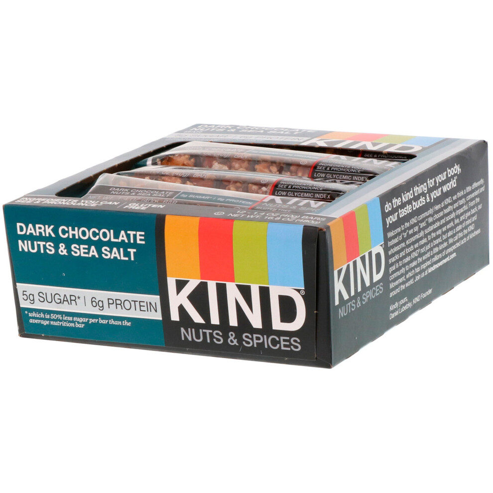 Kind Bars , Nuts & Spices, Dark Chocolate Nuts & Sea Salt, 12 Bars, 1.4 Oz (40 G) Each