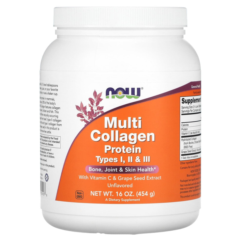 NOW Foods, Multi Collagen Protein, Type I, II & III, Unflavored, 16 Oz (454 g)