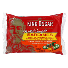 King Oscar, Wild Caught Sardine, In Extra Virgin Olive Oil with Hot Jalapeno Peppers, Hot, Two Layer, 3.75 oz (106 g)