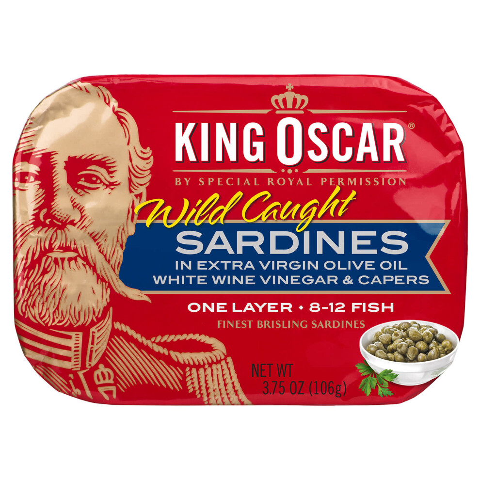 King Oscar , Wild Caught, Sardines In Extra Virgin Olive Oil, White Wine Vinegar & Capers, 3.75 Oz (106 G)