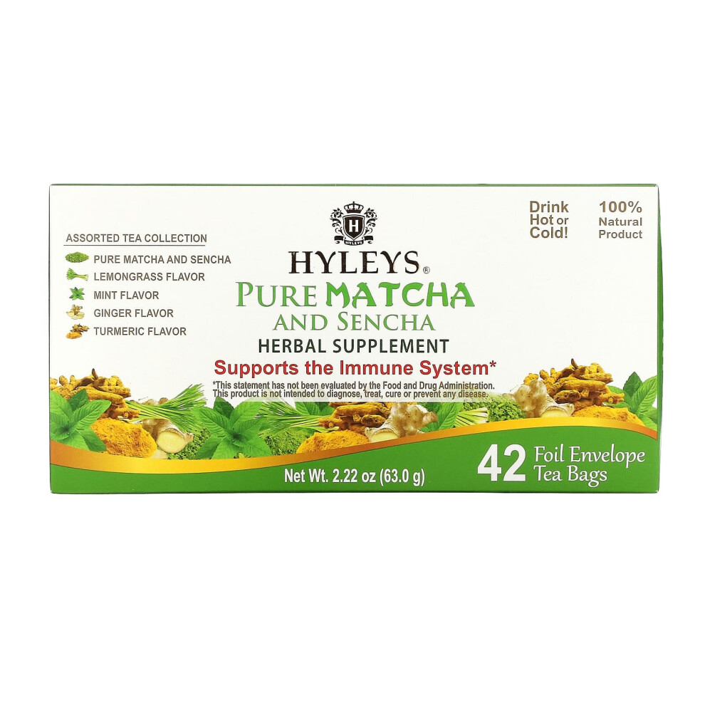 Hyleys Tea , Pure Matcha And Sencha Herbal Supplement, Assorted Tea Collection, 42 Foil Envelope Tea Bags, 0.05 Oz (1.5 G) Each