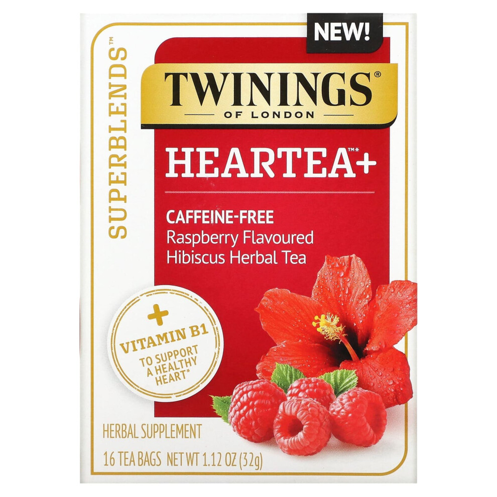 Twinings, Heartea+ Hibiscus Herbal Tea, Raspberry, Caffeine Free, 16 Tea Bags, 1.12 oz (32 g)