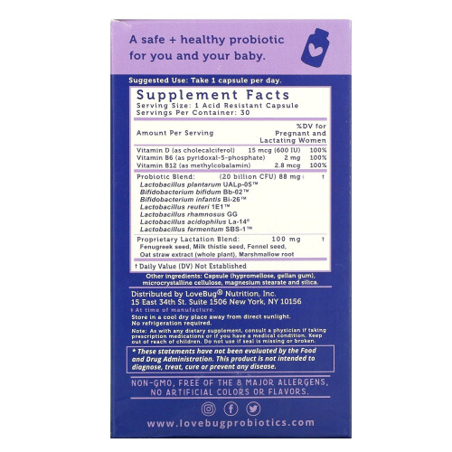 LoveBug Probiotics, Probiotique Postnatal, 20 Milliards d'UFC, 30 Comprimés 1