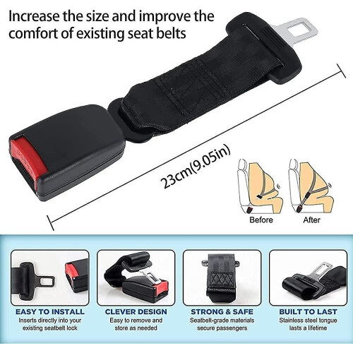 (Black) 2 Pack Universal Car Seat Belt Extender Adjustable Seat Belt Extension Strap 23cm 2