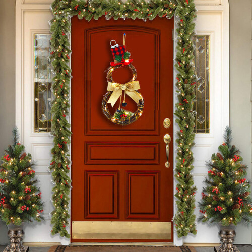 Living And Home Christmas Lighted Snowman with Hat Wreath Front Door Decor 1