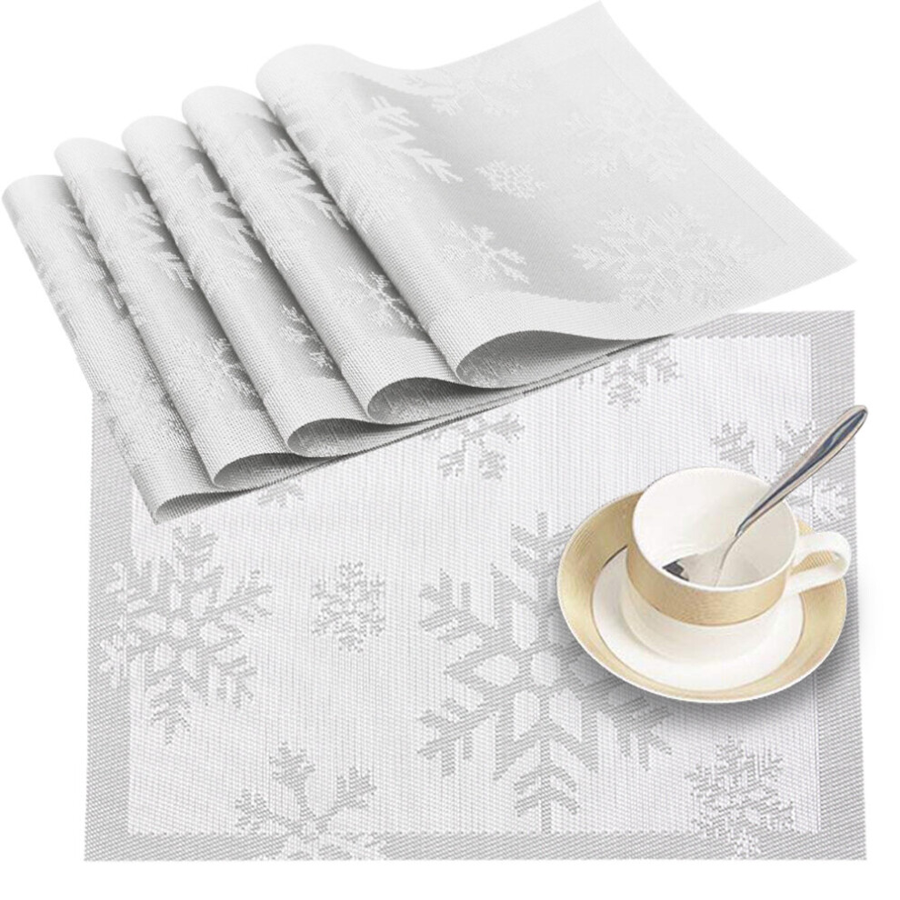 (Silver Snowflake, 6PCS) Time to Sparkle PVC Placemats + 6pcs Coasters Place Cup Coffee Mats Kitchen Non slip Wipe Clean Table Mats Heat-resistant Dinning