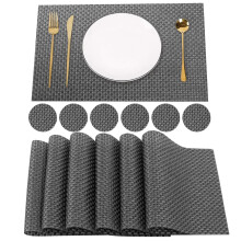 (Dark Grey, 6PCS) Time to Sparkle PVC Placemats + 6pcs Coasters Place Cup Coffee Mats Kitchen Non slip Wipe Clean Table Mats Heat-resistant Dinning