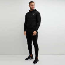 (Black, L) Gym King Mens Tracksuit Slim Fit Overhead Hoodie Open Hem Joggers Bottoms