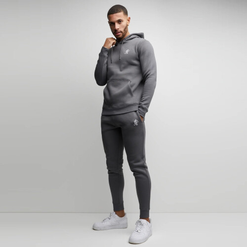 (Grey, S) Gym King Mens Tracksuit Slim Fit Overhead Hoodie Open Hem Joggers Bottoms
