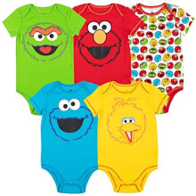 Sesame Street Elmo Cookie Monster Oscar the Grouch Big Bird Sp?dbarn Baby Drenge 5 Pack Bodysuits Hvid 24 m?neder