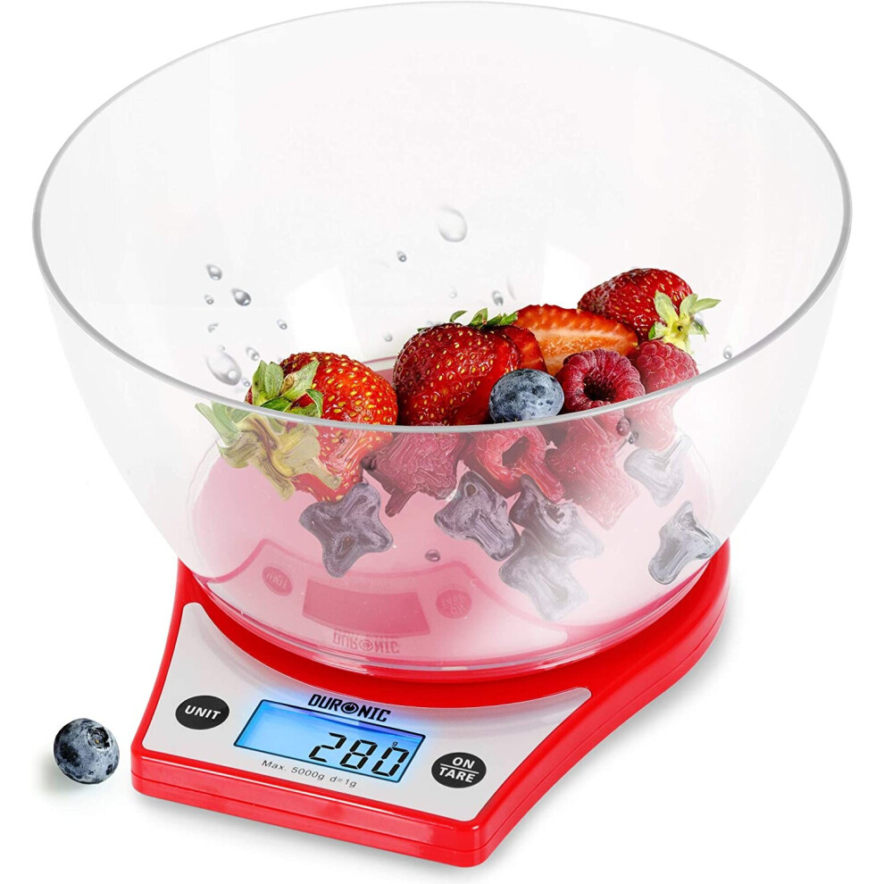 Duronic Ks6000 Rd/Cr Digital Kitchen Scales, 2L Weighing Bowl, 5Kg Capacity, Lcd Backlit Display, Add & Weigh Tare Function, 1G Precision (Red) - Image 2