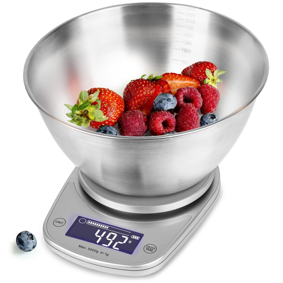 Duronic Ks5000 Sr/Ss Digital Kitchen Scales, 2L Weighing Bowl, 5Kg Capacity, Lcd Backlit Display, Add & Weigh Tare Function, 1G Precision (Silver)
