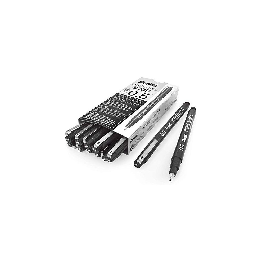 Pentel Arts Pointliner Drawing Pen, 0.5mm, Black Ink, Box of 12 (S20P-5A), 0.5 mm
