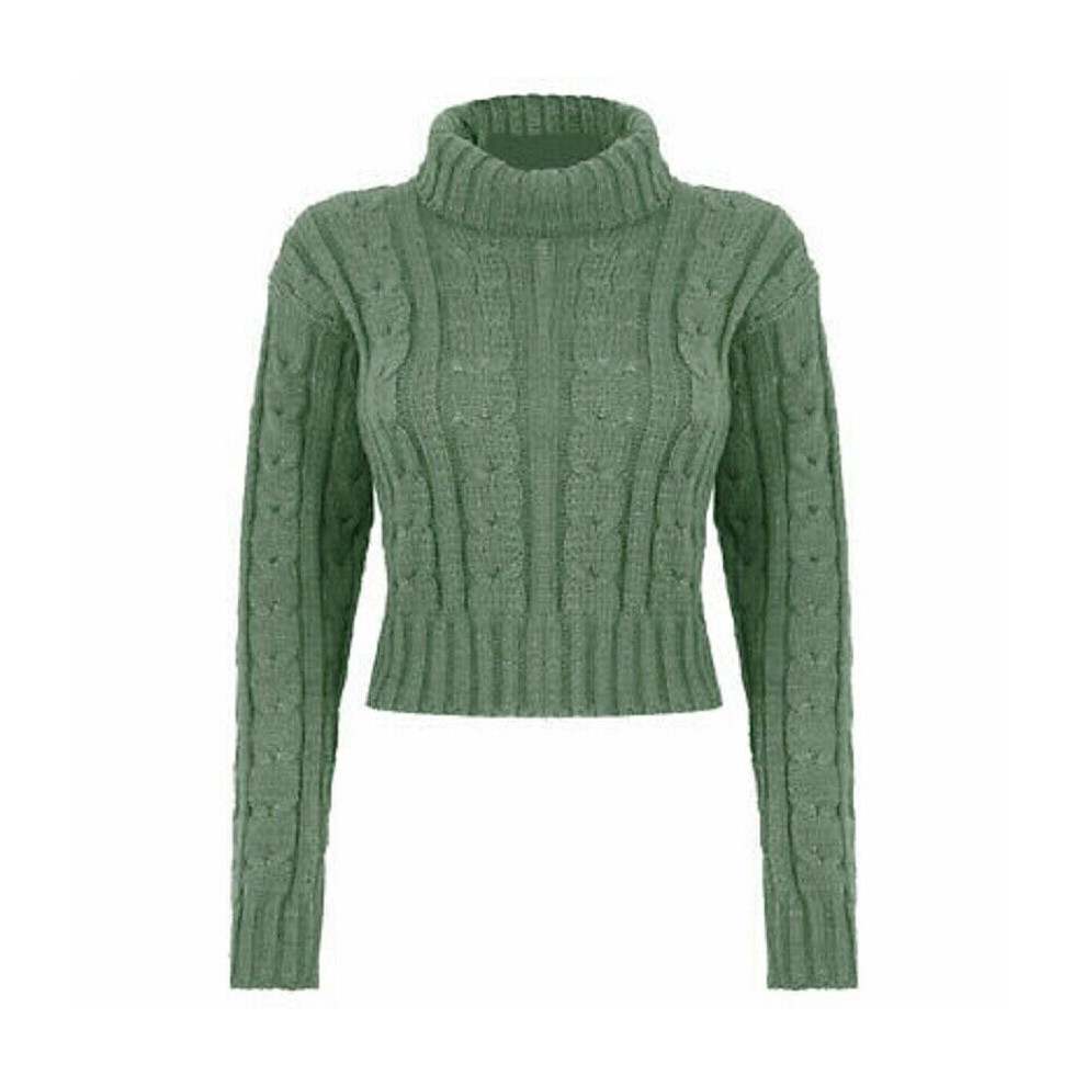 (Khaki, SM (UK 8-10)) Ladies Roll Polo Neck Cable Knitted Crop Jumper Long Sleeve Sweater Winter Top