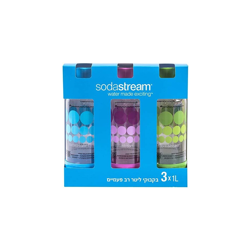 Original sodastream Three Pack 1 Liter Carbonating Bottles - Lasts 2 years - Purple, Blue, and Green