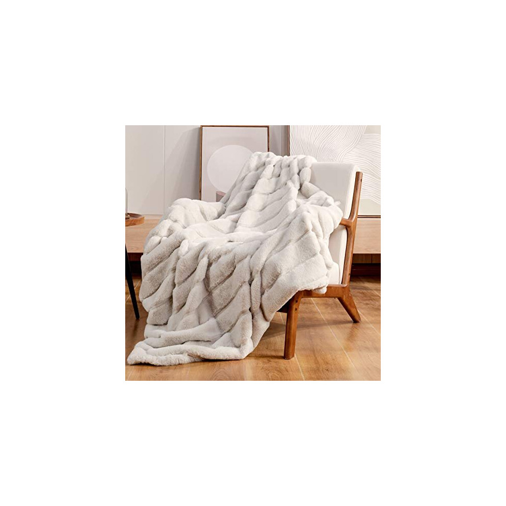 Cozy Bliss Luxury Super Soft Striped Faux Fur Throw Blanket for Couch, 50"x60" Beige, Warm Milky Plush Blanket for Sofa Bed Living Room Bedroom (