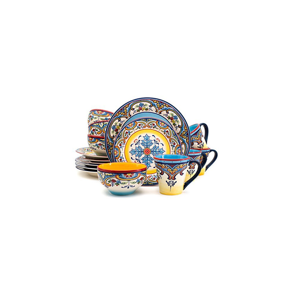 Euro Ceramica Zanzibar Collection 16 Piece Dinnerware Set Kitchen and Dining, Service for 4, Spanish Floral Design, Multicolor, Blue and Yellow