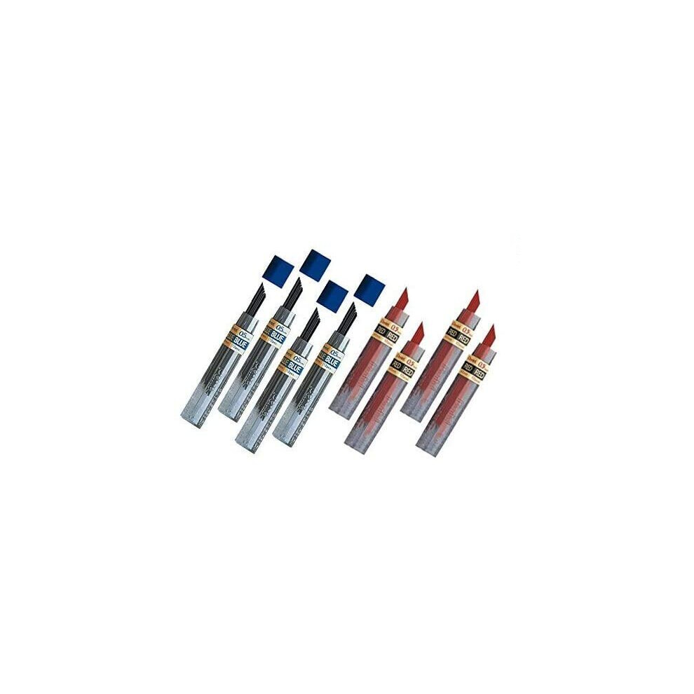 Pentel Lead Refills 0.5mm RED (4pcs.) + Blue (4pcs.), 12 Leads per Tube