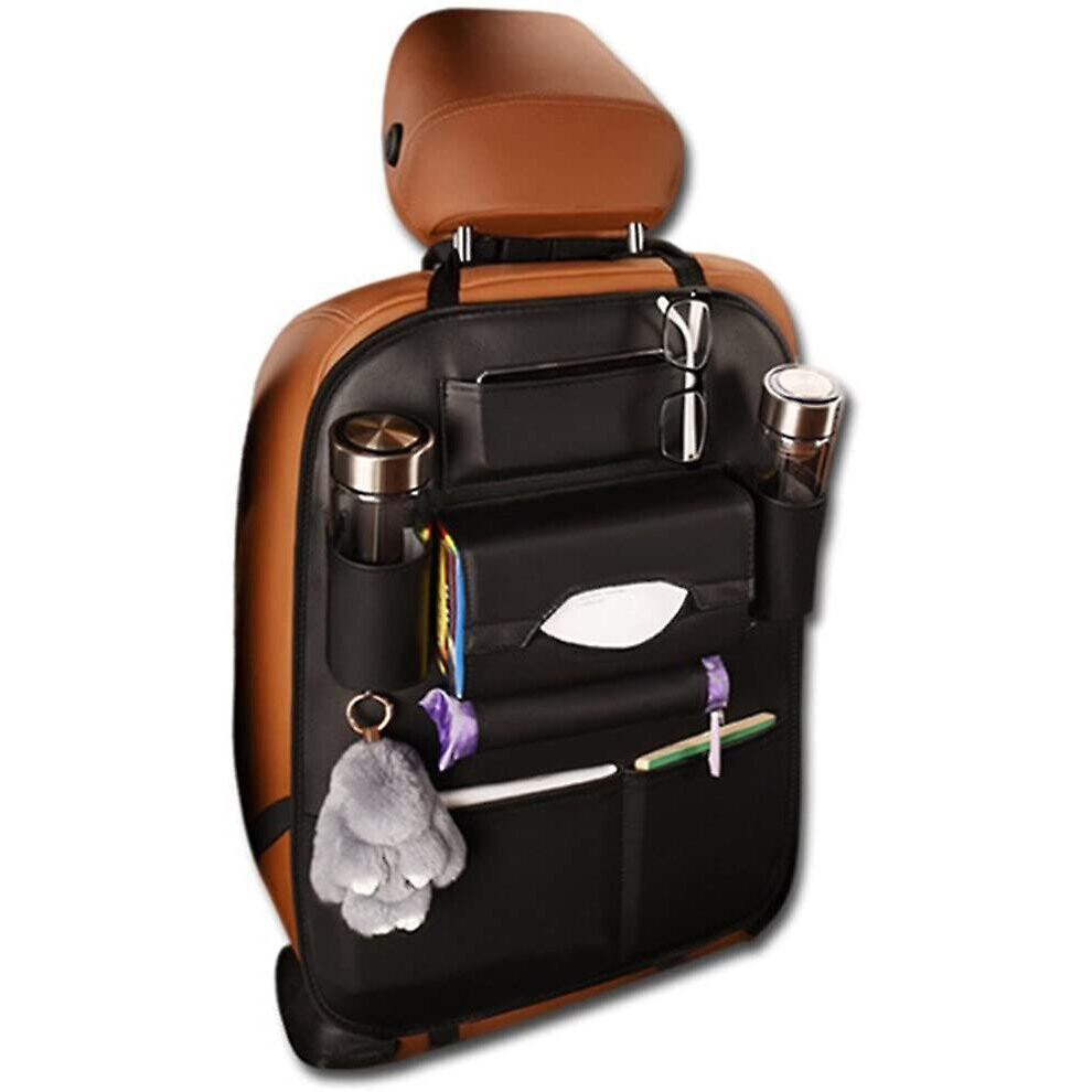 (Black) Car Seat Back Organizer Travel Bag Storage Multi-Pocket Pu Leather Back Seat Protector Black 760954525713