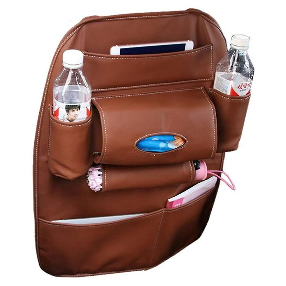 (Brown) Car Seat Back Organizer Travel Bag Storage Multi-Pocket Pu Leather Back Seat Protector Brown 760954525744