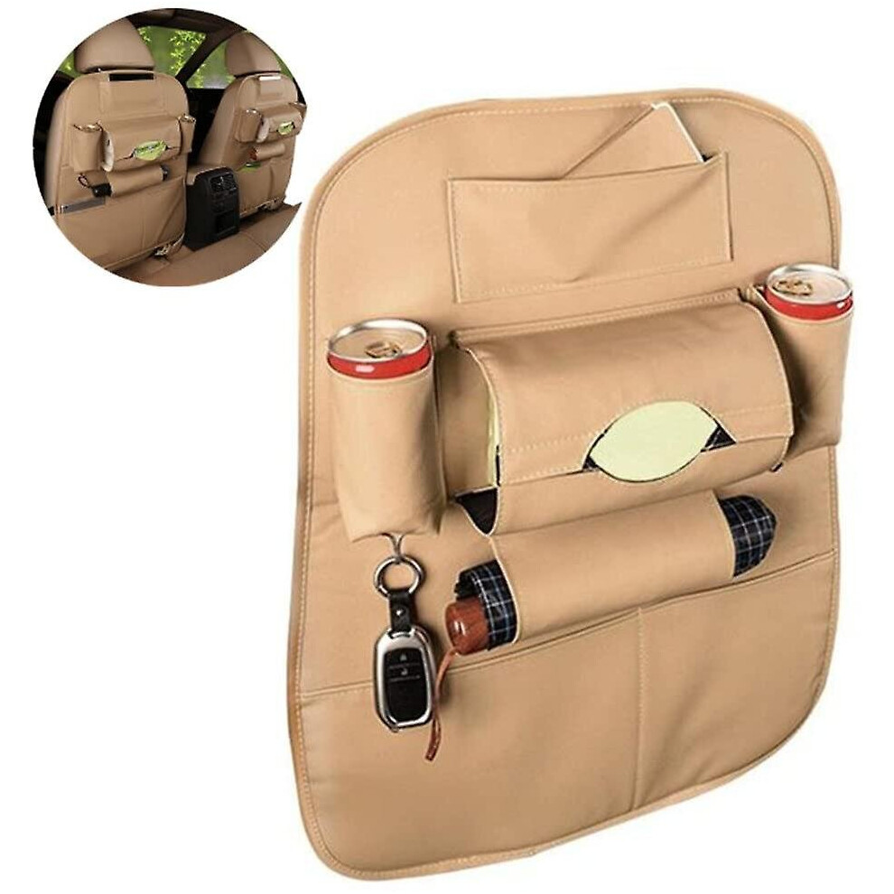 (Beige) Car Seat Back Organizer Travel Bag Storage Multi-Pocket Pu Leather Back Seat Protector Beige 760954525805